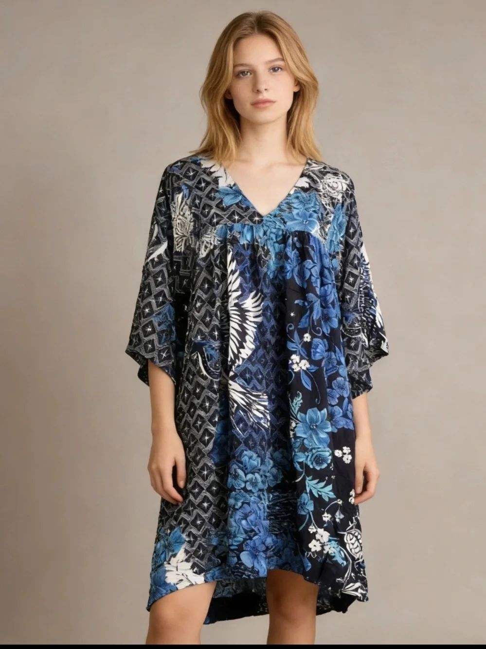 Johnny Was Blue Phoenix Dress 3/4 Kimono Sleeve V Neck Boho Caftan 2X